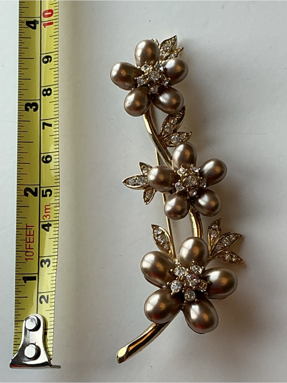 Nolan Miller Champagne Faux Pearl Rhinestone Floral Branch Brooch Big 4” Magical